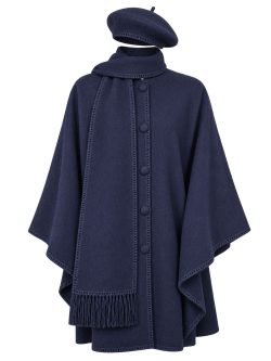 Navy Blue Alpaca Cape with Attached Scarf and Matching Beret