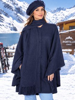 Navy Blue Alpaca Cape with Attached Scarf and Matching Beret Andes Luxe