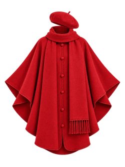 Red Alpaca Cape with attached scarf and Matching Beret