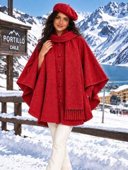 Red Alpaca Cape with attached scarf and Matching Beret Andes Luxe