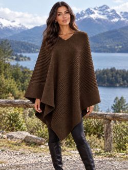 Espresso Alpaca Wool Ribbed Poncho Andes Luxe