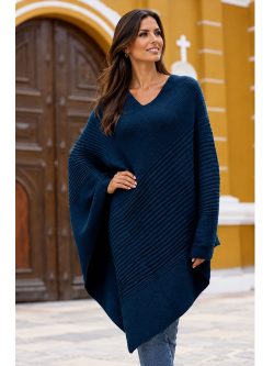 Slate Blue Alpaca Wool Ribbed Poncho Andes Luxe