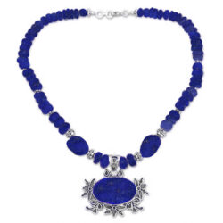 Sterling Silver and Lapis Lazuli Floral Crown Medallion Beaded Necklace