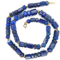 Barrel-Shaped Lapis Lazuli Beaded Necklace with Yellow 14K Gold Spacers