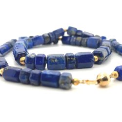 Barrel-Shaped Lapis Lazuli Beaded Necklace with Yellow 14K Gold Spacers