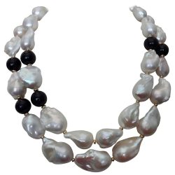 Double Strand Baroque Pearl Black and Onyx Necklace