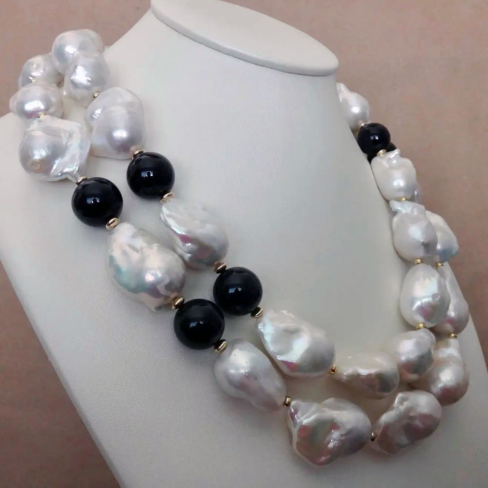 Double Strand Baroque Pearl Black and Onyx Necklace