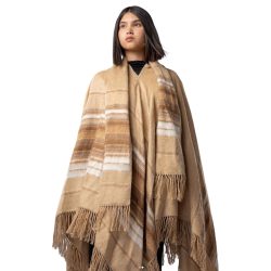 Striped Alpaca Wool Poncho with Attached Scarf and Matching Beret in Camel