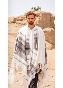 Kushku Alpaca Wool Poncho with Attached Scarf and Matching Beret in Winter White Andes Luxe