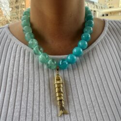 Aquamarine Pearl Gold Fish Necklace