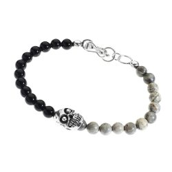Argos Men's Sterling Silver, Obsidian and Gray Jasper Skull Bracelet