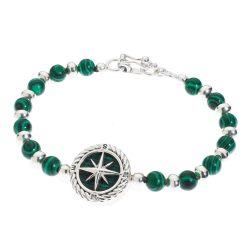 Atenas Men's Sterling Silver and Malachite Compass Rose Bracelet
