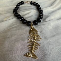 Black Bead Golden Fishbone Necklace