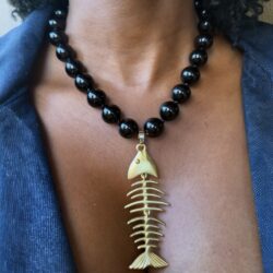 Black Bead Golden Fishbone Necklace