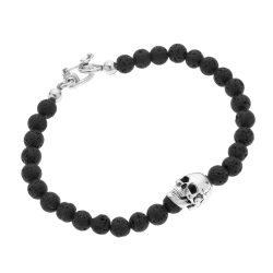 Calavera Men's Sterling Silver and Lava Stone Skull Bracelet