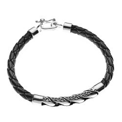 Calgary Men's Black Braided Leather and Sterling Silver Bracelet