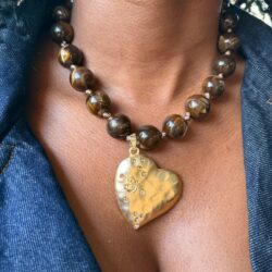 Chocolate Bead Gold Heart Necklace