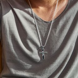 Claudio Men's Sterling Silver and Mother-of-Pearl Cross Necklace