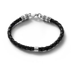 Clemente Men's Black Leather and Sterling Silver Bracelet