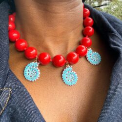 Coral Bead Seashell Charm Necklace