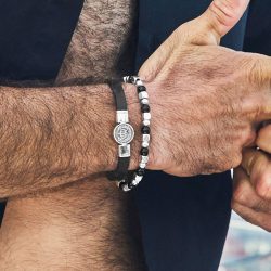 Corona Men's Black Leather and Sterling Silver Bracelet
