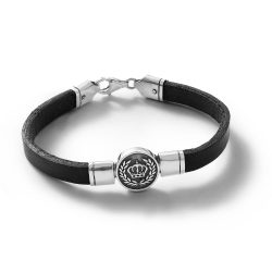 Corona Men's Black Leather and Sterling Silver Bracelet