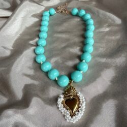 Embroidered Sacred Heart Turquoise Necklace