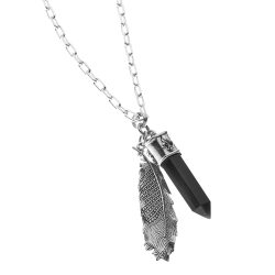Energia Men's Sterling Silver and Obsidian Feather Necklace