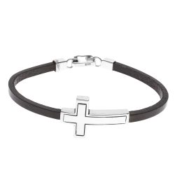 Fe Men's Black Leather and Sterling Silver Cross Bracelet