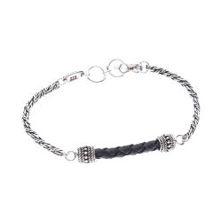 Federico Men's Black Leather and Oxidized Sterling Silver Bracelet (Medium)