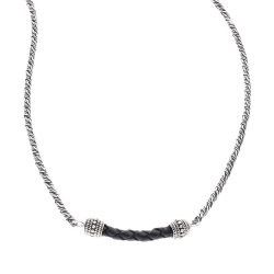 Federico Men's Black Leather and Oxidized Sterling Silver Necklace