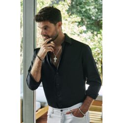 Matteo Men's Sterling Silver Cross Necklace with Mother-of-Pearl and Obsidian