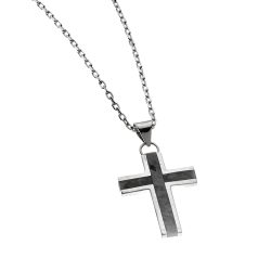 Men's Sterling Silver and Obsidian Cross Necklace