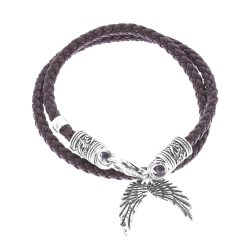 Naim Men's Leather and Sterling Silver Wings Bracelet