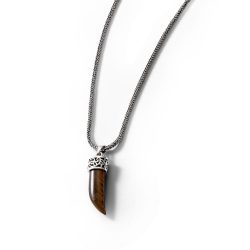 Neptuno Men's Sterling Silver and Tiger's Eye Horn Necklace