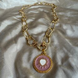 Pink Enamel Heart Medallion Necklace