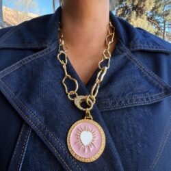 Pink Enamel Heart Medallion Necklace
