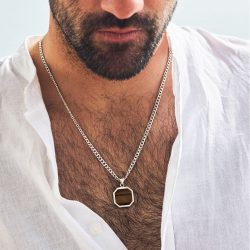 Poseidon Men's Sterling Silver and Tiger's Eye Pendant Necklace