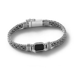 Regata Men's Woven Sterling Silver and Obsidian Bracelet