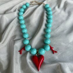 Turquoise Bead Coral Heart Necklace