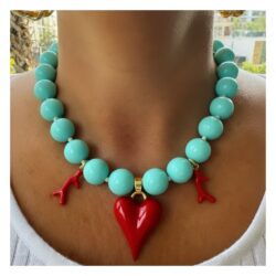 Turquoise Bead Coral Heart Necklace