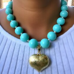 Turquoise Bead Gold Heart Necklace