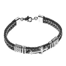 Whistler Men's Black Leather and Sterling Silver Cross Bracelet